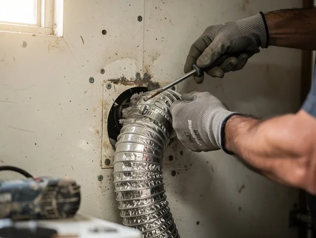 Norton Dryer Vent Cleaning technician performing precise dryer vent hose installation in Norton
